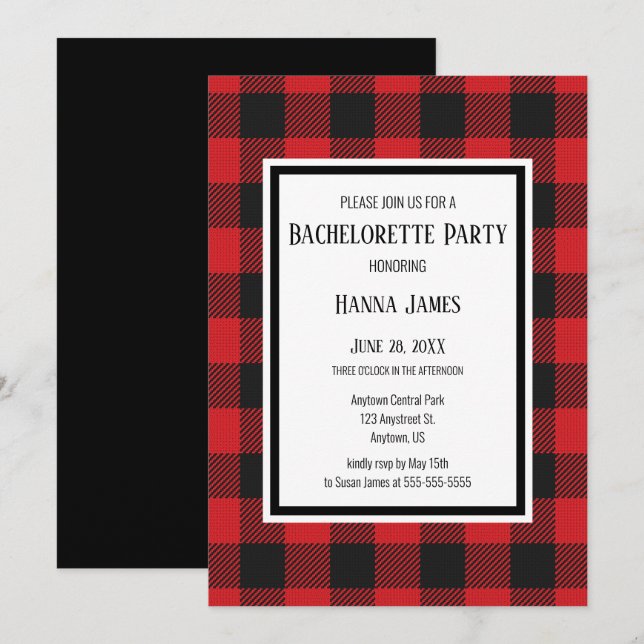 Invitation Red Black Buffalo Plaid Russe Bachelorette Party (Devant / Derrière)