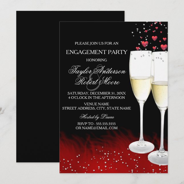 Invitation Red Black Champagne & Hearts (Devant / Derrière)