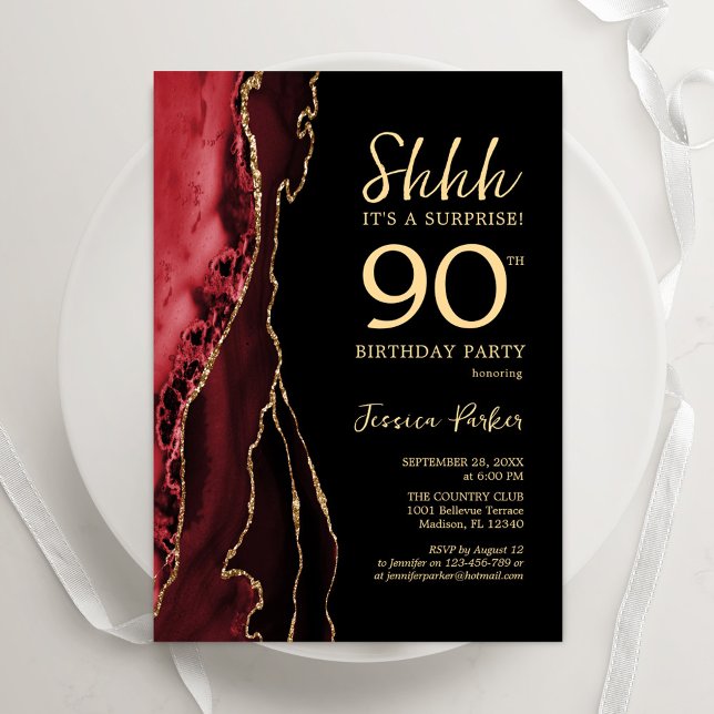 Invitation Red Black Gold Agate Surprise 90e anniversaire (Créateur téléchargé)