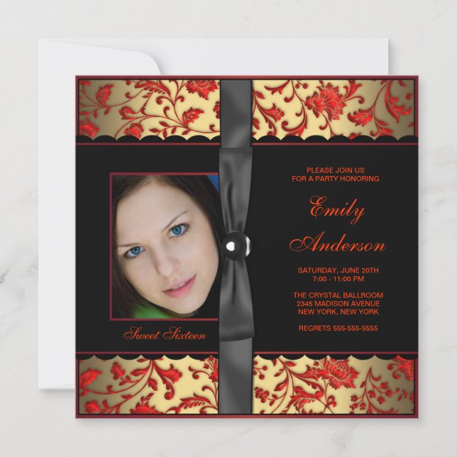 Invitation Red Black Gold Damask Photo Sweet 16 Party (Devant)