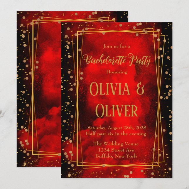Invitation Red Black Gold Glitz de Bachelorette (Devant / Derrière)