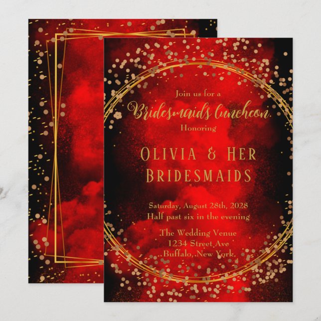Invitation Red Black Gold Parties scintillant géométrique Bri (Devant / Derrière)