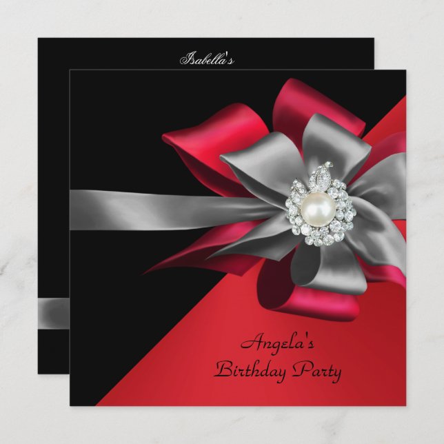 Invitation Red Black Grey Argent Bow Pearl fête d'anniversair (Devant / Derrière)