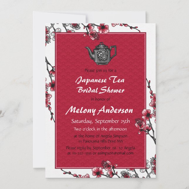 Invitation Red Black Japonais Thé nuptiale de douche Invitati (Devant)