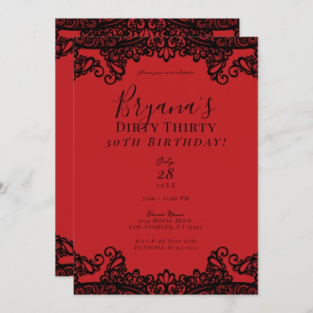 Invitation Red & Black Lace Chic Dirty 30 30e anniversaire (Devant / Derrière)