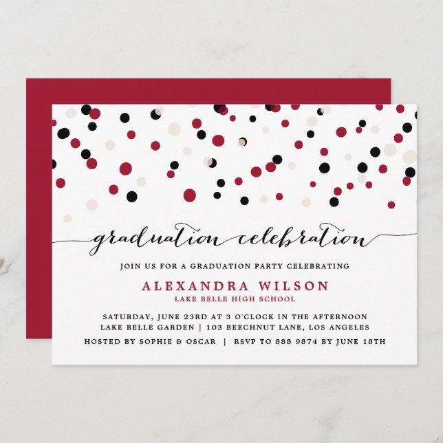 Invitation Red & Black Modern Confetti Dots Graduation Party (Devant / Derrière)
