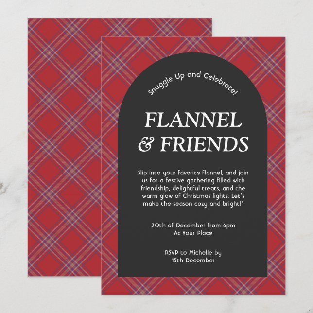 Invitation Red Black Modern Flannel et les amis Noël (Devant / Derrière)