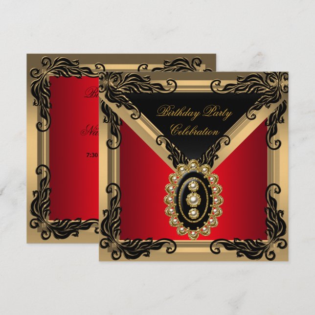 Invitation Red Black Pearl Gold fête d'anniversaire (Devant / Derrière)