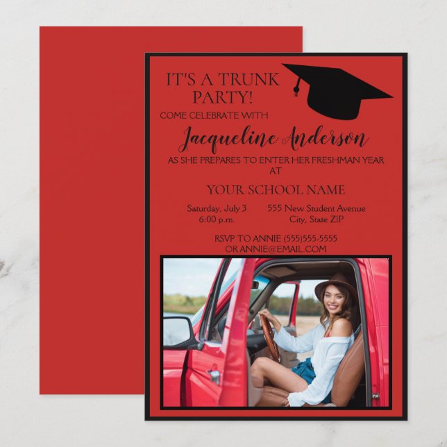 Invitation Red Black Photo College Trunk Party (Devant / Derrière)