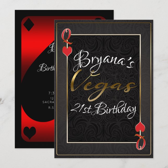 Invitation Red Black Queen of Hearts Vegas 21e anniversaire (Devant / Derrière)