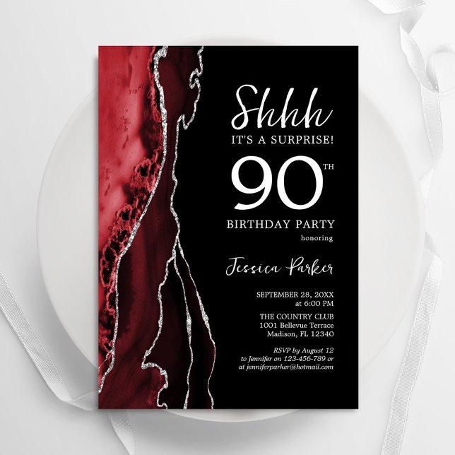 Invitation Red Black Silver Agate Surprise 90e anniversaire (Créateur téléchargé)