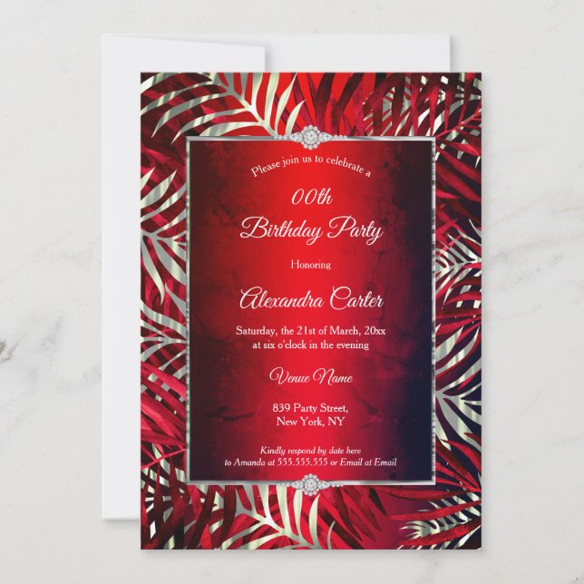 Invitation Red Black Silver Grey Palm Diamond Anniversaire (Devant)