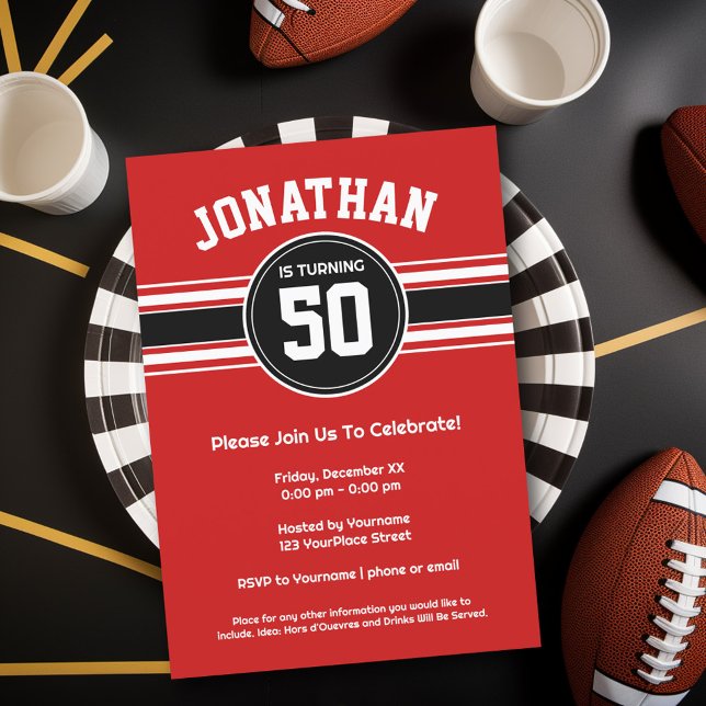 Invitation Red Black Sports Jersey fête d'anniversaire (Birthday Party Invitation - Sports Theme - Football Party Invitation)
