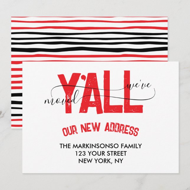 Invitation Red Black Stripe We Moved Moving Announcement (Devant / Derrière)