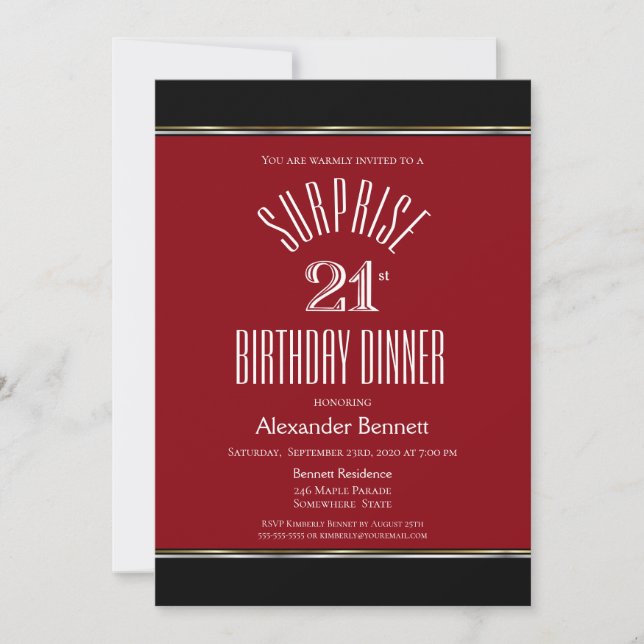 Invitation Red Black White Surprise 21e anniversaire Dîner (Devant)