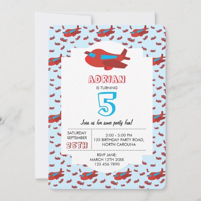 Invitation Red Blue Avion Motif Enfants Garçons Filles Annive (Devant)