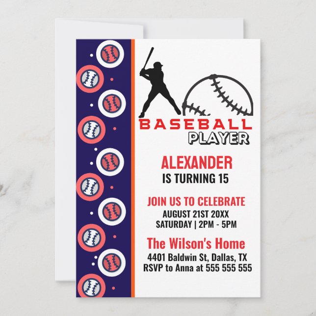 Invitation Red Blue Baseball Girl Boy Birthday Party (Devant)