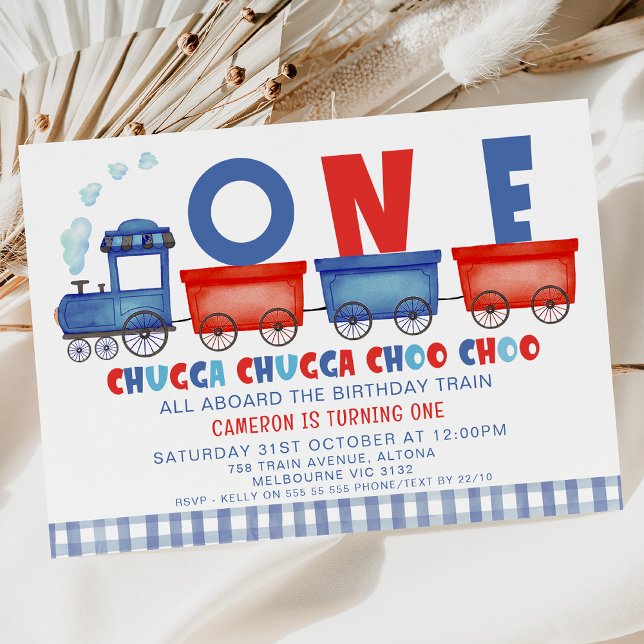 Invitation Red Blue Chugga Chugga Train 1er anniversaire (Blue Red Train 1st Birthday Invitation For Baby Boy, Chugga Chugga Train First Birthday Invitation)