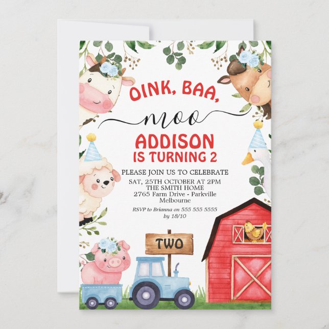 Invitation Red Blue Farm Grange Tracteur Anniversaire (Devant)