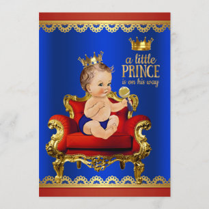 Invitation Red Blue Gold Chaise Brunette Prince Baby shower