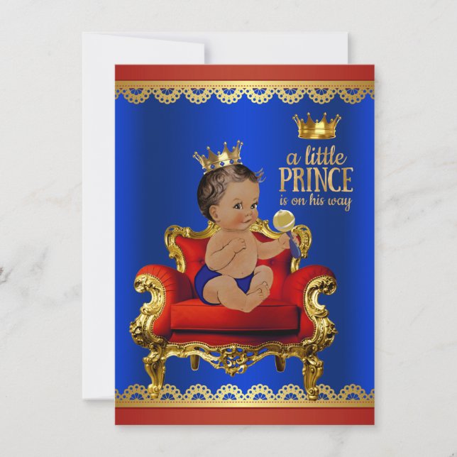 Invitation Red Blue Gold Chaise Ethnic Prince Boy Baby shower (Devant)