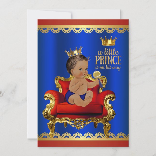 Invitation Red Blue Gold Chaise Ethnic Prince Boy Baby shower (Devant)