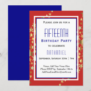 Invitation Red Blue Golden Stars 15e anniversaire GARÇON