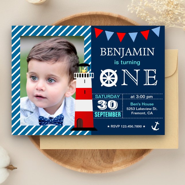 Invitation Red Blue Nautical Baby Boy 1er fête d'anniversaire (Créateur téléchargé)