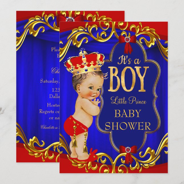 Invitation Red Blue Royal Boy Prince Baby shower (Devant / Derrière)