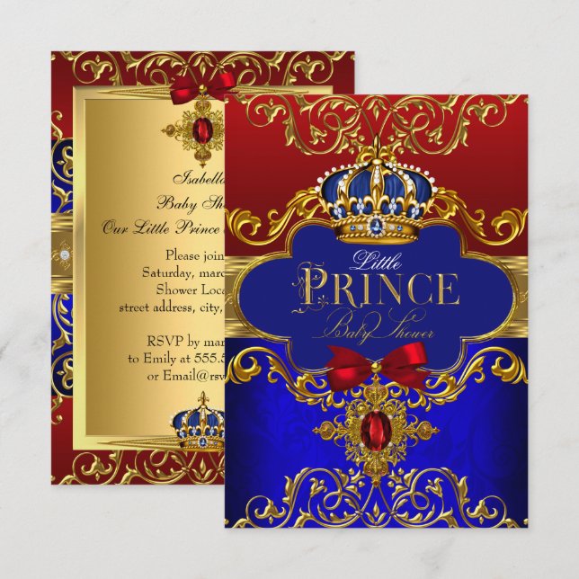 Invitation Red Blue Royal Crown Petit Prince Baby shower (Devant / Derrière)