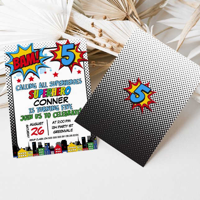 Invitation Red Blue Yellow Bam Superhero 5e anniversaire (Boys Super hero Superhero 5th Birthday Party Invitation, Bam 5th Birthday Superhero Invitation )