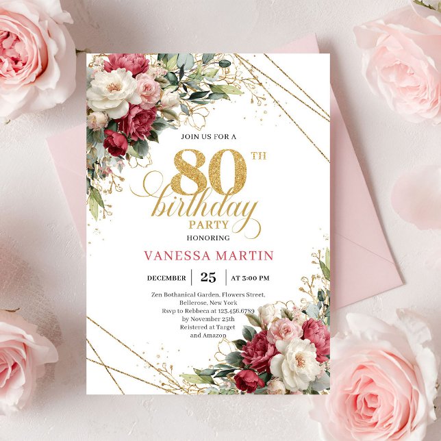 Invitation Red blush roses chic gold accents card 80 birthday (Red blush roses chic gold accents card 80 birthday invitation

)