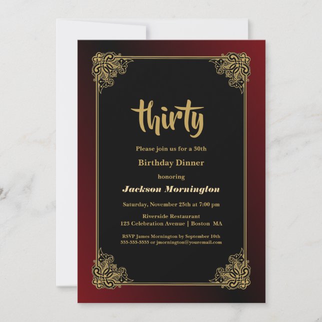 Invitation Red Border Black 30th Birthday Dinner (Devant)