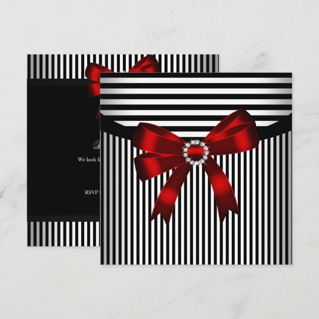Invitation Red Bow Black White Strik Anniversaire (Devant / Derrière)