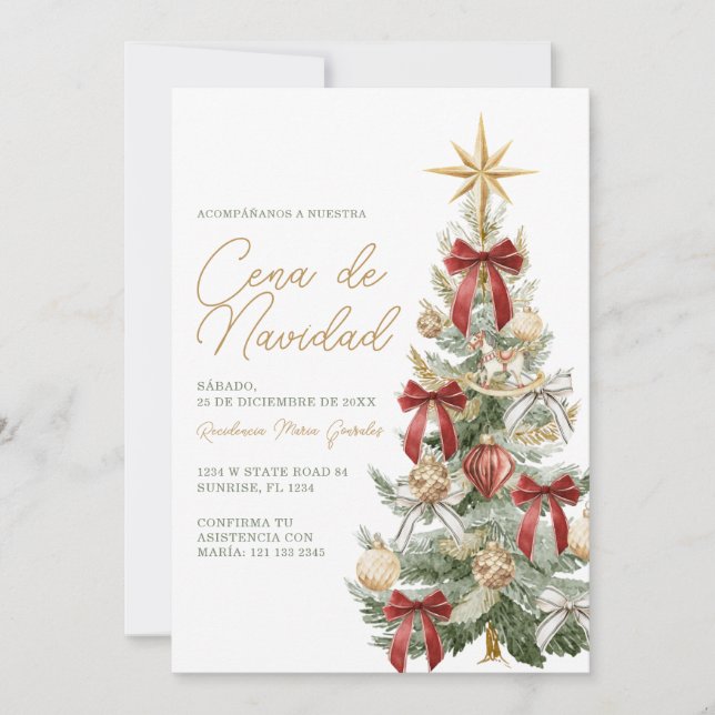 Invitation Red Bow Christmas Tree Cena De Navidad Dinner (Devant)
