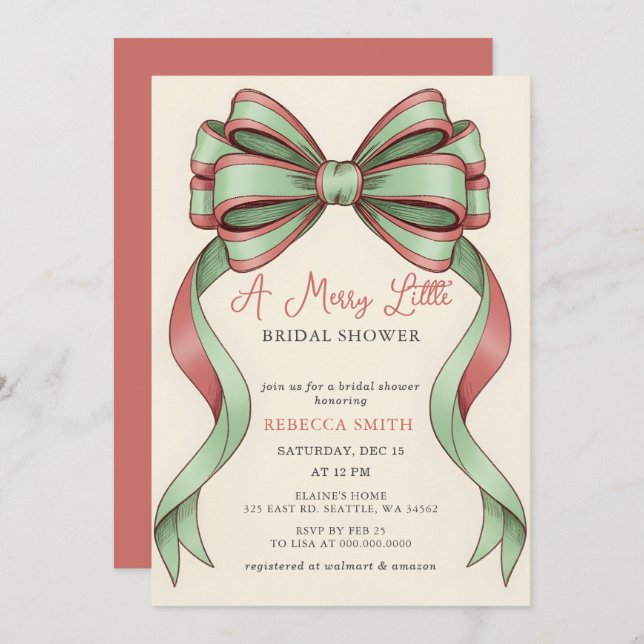 Invitation Red Bow Christmas Tree Merry Little Bridal Shower (Devant / Derrière)