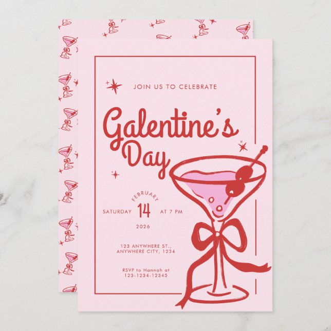 Invitation Red Bow Cocktail Galentine's Day (Devant / Derrière)