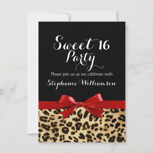 Invitation Red Bow Empreinte de léopard Sweet 16 fête d'anniv (Devant)
