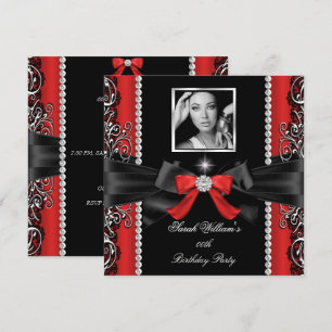 Invitation Red Bow fête d'anniversaire Black Silver Photo