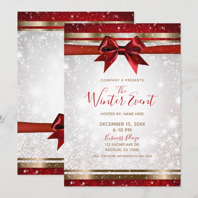 Invitation Red Bow & Gold White Sparkle Elegant Holiday Event (Devant / Derrière)