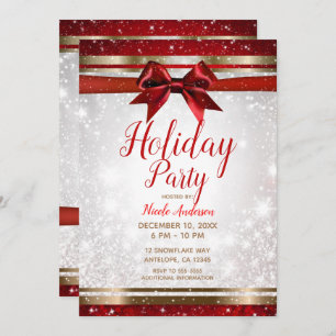 Invitation Red Bow & Gold White Sparkle Elegant Holiday Party