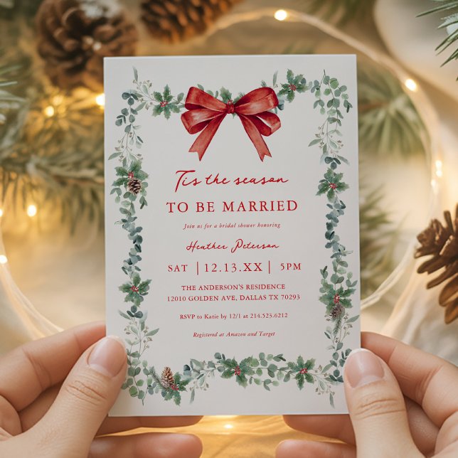 Invitation Red Bow Tis The Season To Be Married Bridal Shower (Créateur téléchargé)