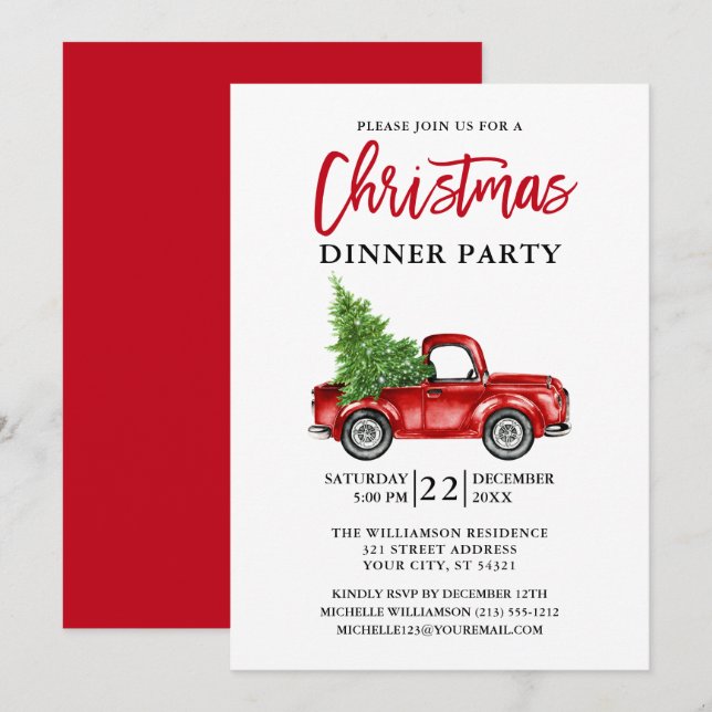 Invitation Red Brush Script Camion Noël Party Rouge (Devant / Derrière)