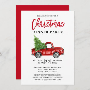 Invitation Red Brush Script Camion Noël Party Rouge