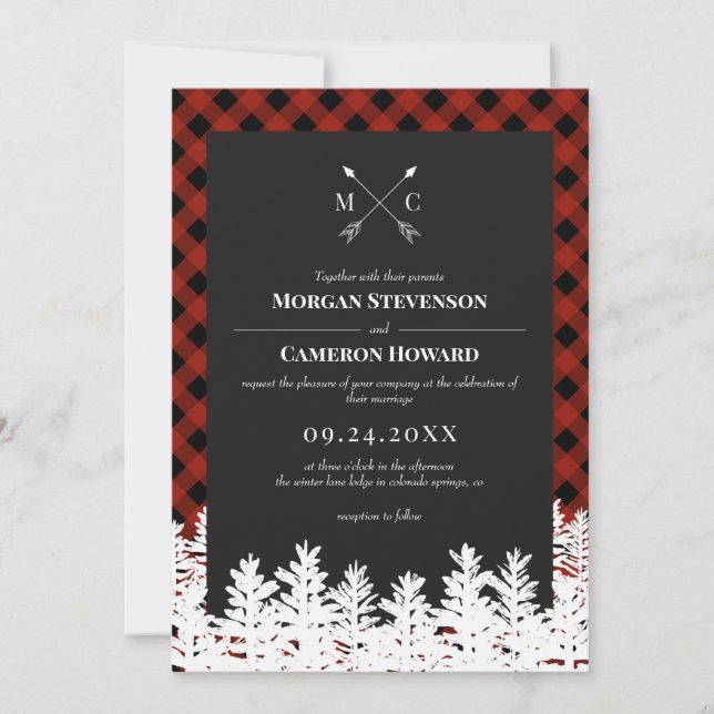 Invitation Red Buffalo Check Russe Flèche Mariage Monogramme (Devant)