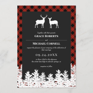 Invitation Red Buffalo Check Rustic Deer Buck Doe Mariage