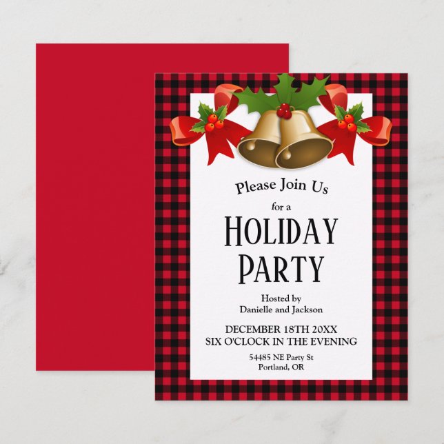Invitation Red Buffalo Plaid Christmas Holly Bells (Devant / Derrière)