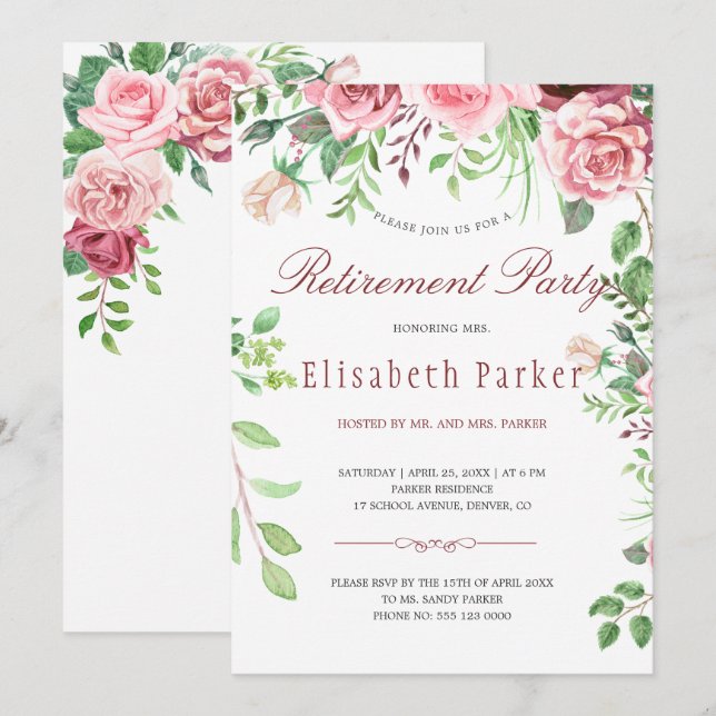 Invitation Red Burgundy Blush Rose Roses Parti de retraite (Devant / Derrière)