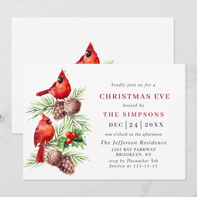 Invitation Red Cardinal Holly Berry Holiday CHRISTMAS EVE (Devant / Derrière)