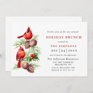 Invitation Red Cardinal Holly Berry Noël VACANCES BRUNCH